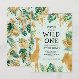 Wild One ジャングルサファリ グリーン ゴールド 1歳の誕生日 招待状