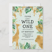 Wild One ジャングルサファリ グリーン ゴールド 1歳の誕生日 招待状 (正面)