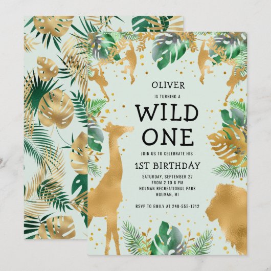 Wild One ジャングルサファリ グリーン ゴールド 1歳の誕生日 招待状 (正面/裏面)