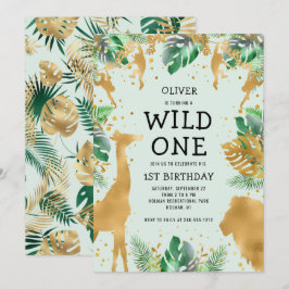 Wild One ジャングルサファリ グリーン ゴールド 1歳の誕生日 招待状