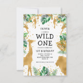Wild One ジャングルサファリ ゴールド グリーン 1歳の誕生日 招待状 (正面)