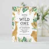 Wild One ジャングルサファリ ゴールド グリーン 1歳の誕生日 招待状 (スタンド正面)