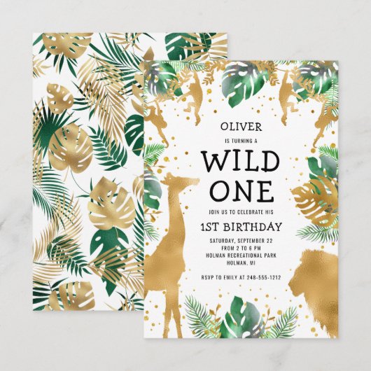 Wild One ジャングルサファリ ゴールド グリーン 1歳の誕生日 招待状 (正面/裏面)