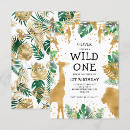 Wild One ジャングルサファリ ゴールド グリーン 1歳の誕生日 招待状