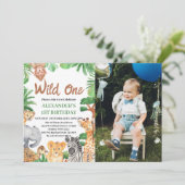 Wild One ジャングルサファリ 動物 1歳の誕生日フォト 招待状 (スタンド正面)