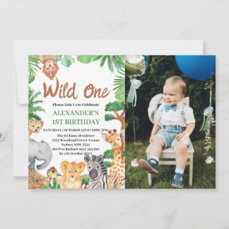 Wild One ジャングルサファリ 動物 1歳の誕生日フォト 招待状