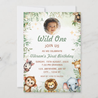 Wild One ジャングルテーマ 1歳の誕生日フォト招待状 招待状