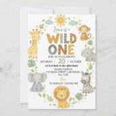 Wild One ジャングル動物サファリ1歳の誕生日 招待状 (正面)