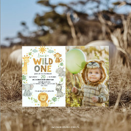 Wild One ジャングル動物サファリ 1歳の誕生日フォト 招待状
