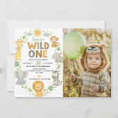 Wild One ジャングル動物サファリ 1歳の誕生日フォト 招待状 (正面)