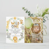 Wild One ジャングル動物サファリ 1歳の誕生日フォト 招待状 (スタンド正面)