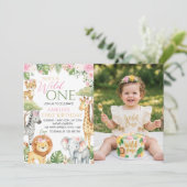 Wild One ジャングル動物 ピンクの花 誕生日フォト 招待状 (スタンド正面)