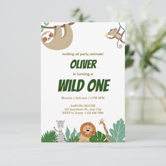 Wild One ジャングル動物 誕生日パーティーデザイン 出欠カード (スタンド正面)