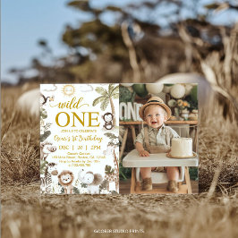Wild One ジャングル動物 1歳の誕生日パーティーの写真 招待状