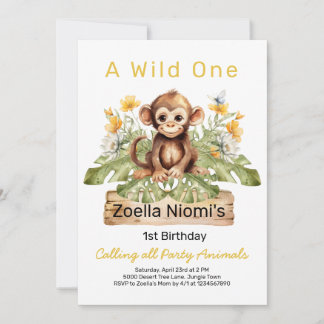 Wild One ジャングル動物 1歳の誕生日招待状 招待状