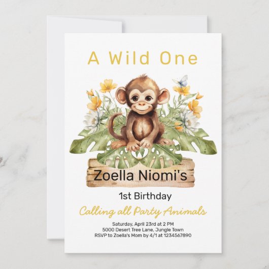 Wild One ジャングル動物 1歳の誕生日招待状 招待状 (正面)