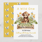 Wild One ジャングル動物 1歳の誕生日招待状 招待状 (正面/裏面)