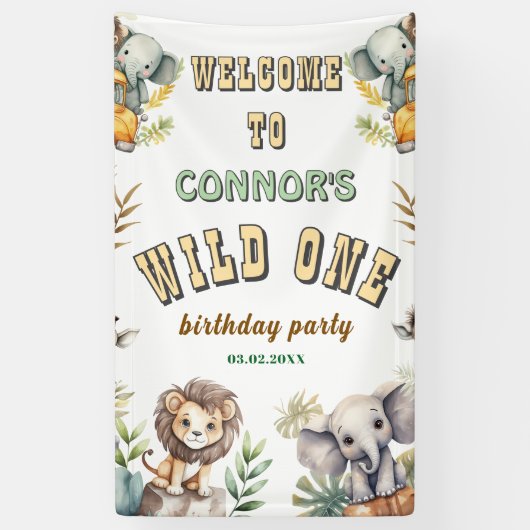 Wild one ジャングル1歳の誕生日パーティーバナー 横断幕 (縦)