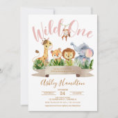 Wild One ジャングル ピンク ベビーシャワー 招待状 (正面)