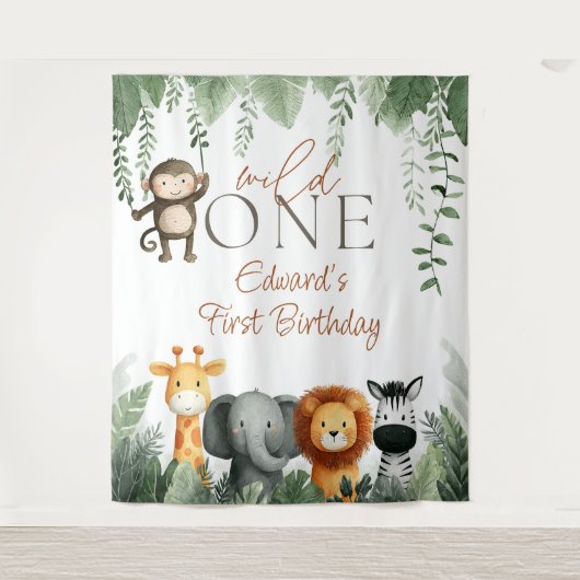 Wild One ジャングル 1歳の誕生日 写真背景 タペストリー (正面)
