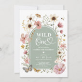 Wild One: セージグリーンのワイルドフラワー1歳の誕生日 招待状 (正面)