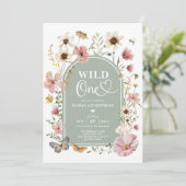 Wild One: セージグリーンのワイルドフラワー1歳の誕生日 招待状 (スタンド正面)
