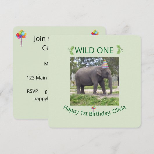 Wild One ゾウ 誕生日パーティー招待状デザイン 招待状 (正面/裏面)
