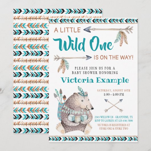 Wild One トライバルベアベビーシャワー招待状 招待状 (正面/裏面)