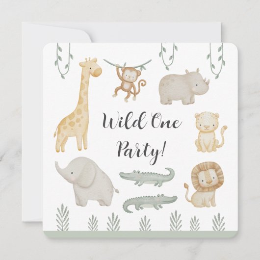 Wild One パーティー サファリ 動物 パーソナライズド 招待状 (正面)