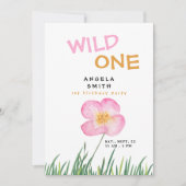 Wild One ピンクの野の花 1歳の誕生日パーティー 招待状 (正面)