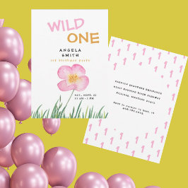 Wild One ピンクの野の花 1歳の誕生日パーティー 招待状