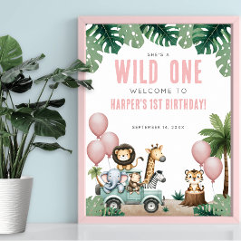 Wild One ピンクサファリ 1歳のバースデーウェルカム ポスター