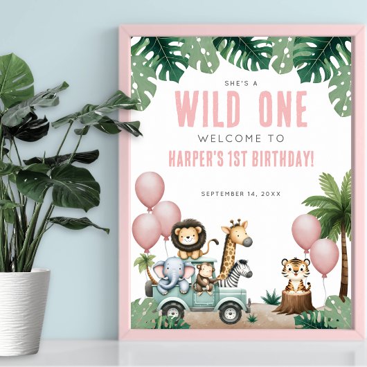Wild One ピンクサファリ 1歳のバースデーウェルカム ポスター