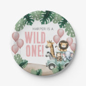 Wild One ピンクサファリ 1歳の誕生日 ペーパープレート (正面)