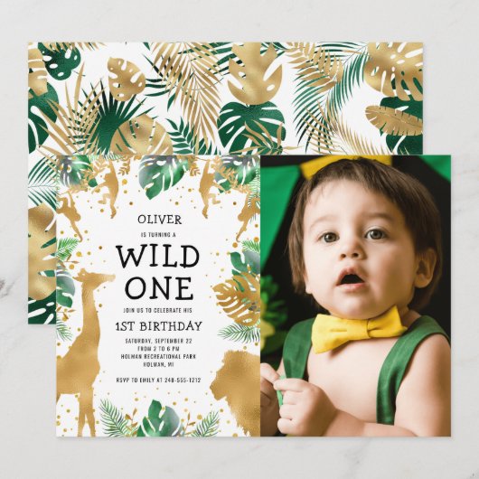 Wild One フォトサファリ 1歳の誕生日 招待状 (正面/裏面)