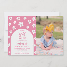 Wild One フラワー写真 赤ちゃん 女の子 1歳 誕生日パーティー 招待状