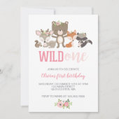 Wild One フラワー ウッドランド アニマル 1歳の誕生日 招待状 (正面)