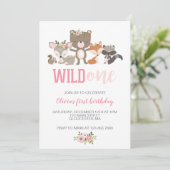 Wild One フラワー ウッドランド アニマル 1歳の誕生日 招待状 (スタンド正面)