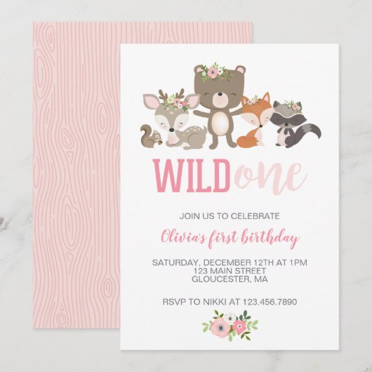 Wild One フラワー ウッドランド アニマル 1歳の誕生日 招待状 (正面/裏面)