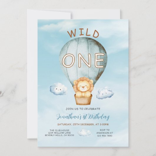 Wild One ホットエアバルーン ジャングル 1歳の誕生日 クラウド 招待状 (正面)