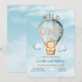 Wild One ホットエアバルーン ジャングル 1歳の誕生日 クラウド 招待状 (正面/裏面)