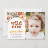 Wild One レトロ ボヘミアン 野の花 1歳の誕生日 写真 招待状 (正面)