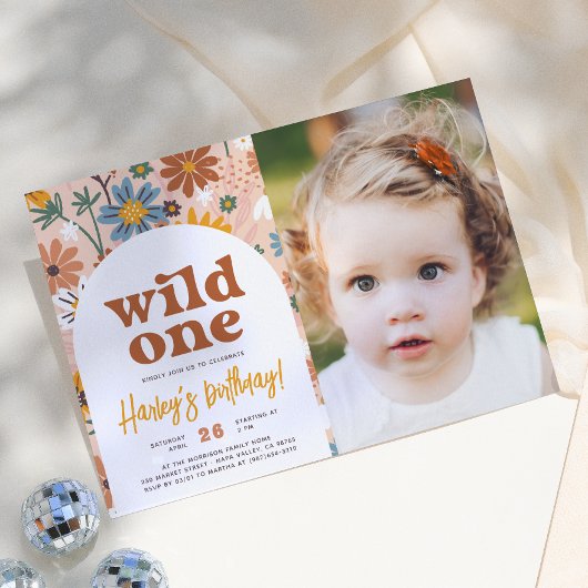 Wild One レトロ ボヘミアン 野の花 1歳の誕生日 写真 招待状