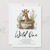 Wild One(ワイルド・ワン) 1歳の誕生日 キリン 写真 QRコード 招待状 (正面)