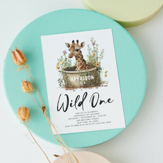 Wild One(ワイルド・ワン) 1歳の誕生日 キリン 写真 QRコード 招待状