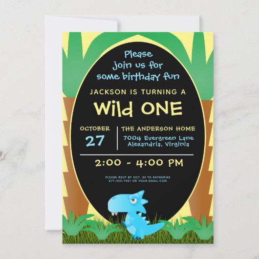 Wild ONE 恐竜 男の子 一歳の誕生日カード 招待状 (正面)