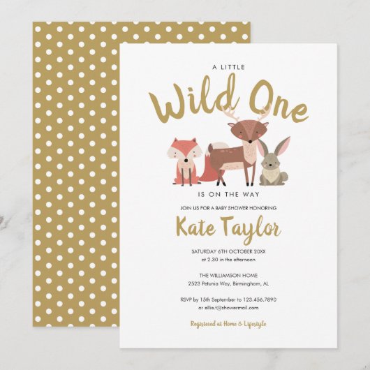 Wild One 森の動物たち ニュートラル ベビーシャワー 招待状 (正面/裏面)
