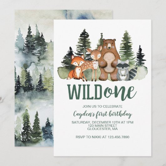 Wild One 森の動物 初めての誕生日 招待状 (正面/裏面)