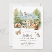 Wild One 森の動物 森の少年 1歳の誕生日 招待状 (正面)