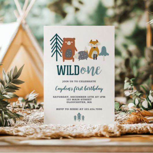 Wild One 森の動物 1歳の誕生日招待状 招待状